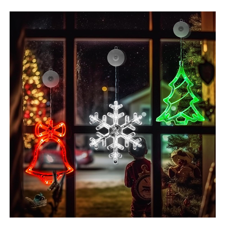 3Pcs Christmas Window Lights Decorations, Battery Powered Christmas Window Hanging GreenTree Gold Bell and White Snow Shaped LED Sucker Lamp for Xmas Tree Fireplace Window Indoor Outdoor Decor