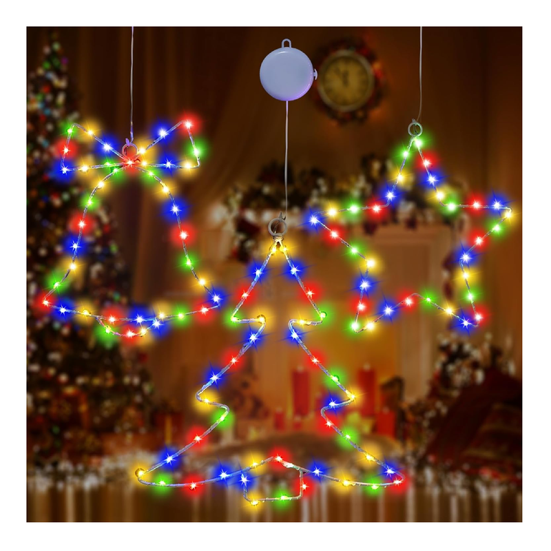 3Pcs Christmas Window Lights, Metal Frame Christmas Window Decorations Battery Powered Hanging Christmas Lights Christmas Tree&Jingle Bell&Star Shaped with Suction Cup for Xmas,New Year,Indoor Décor