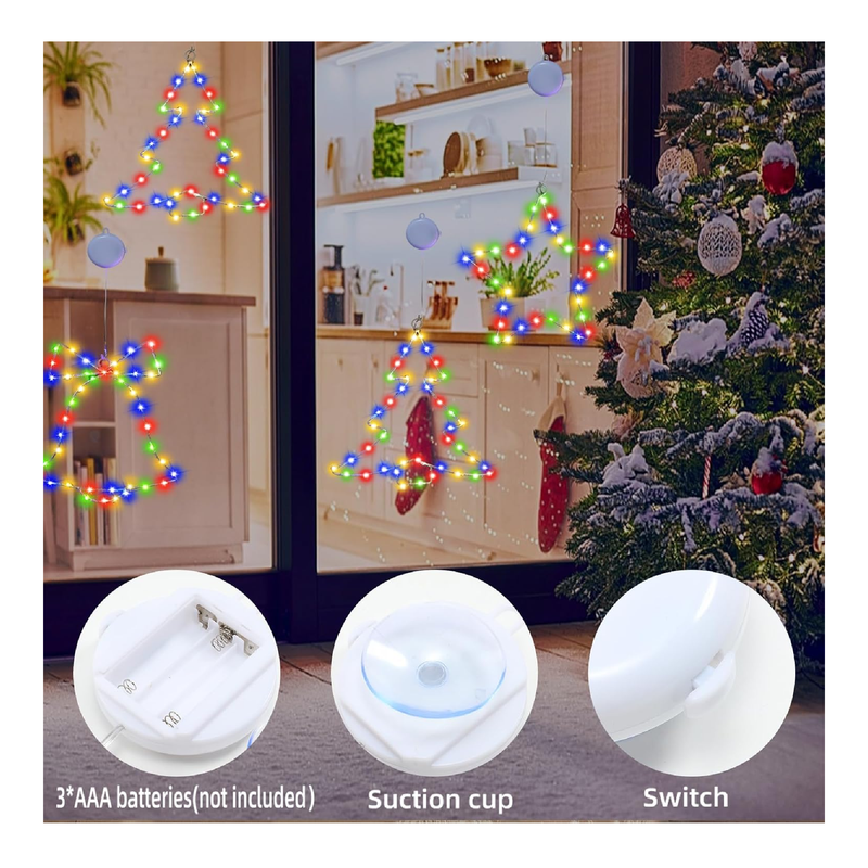 3Pcs Christmas Window Lights, Metal Frame Christmas Window Decorations Battery Powered Hanging Christmas Lights Christmas Tree&Jingle Bell&Star Shaped with Suction Cup for Xmas,New Year,Indoor Décor