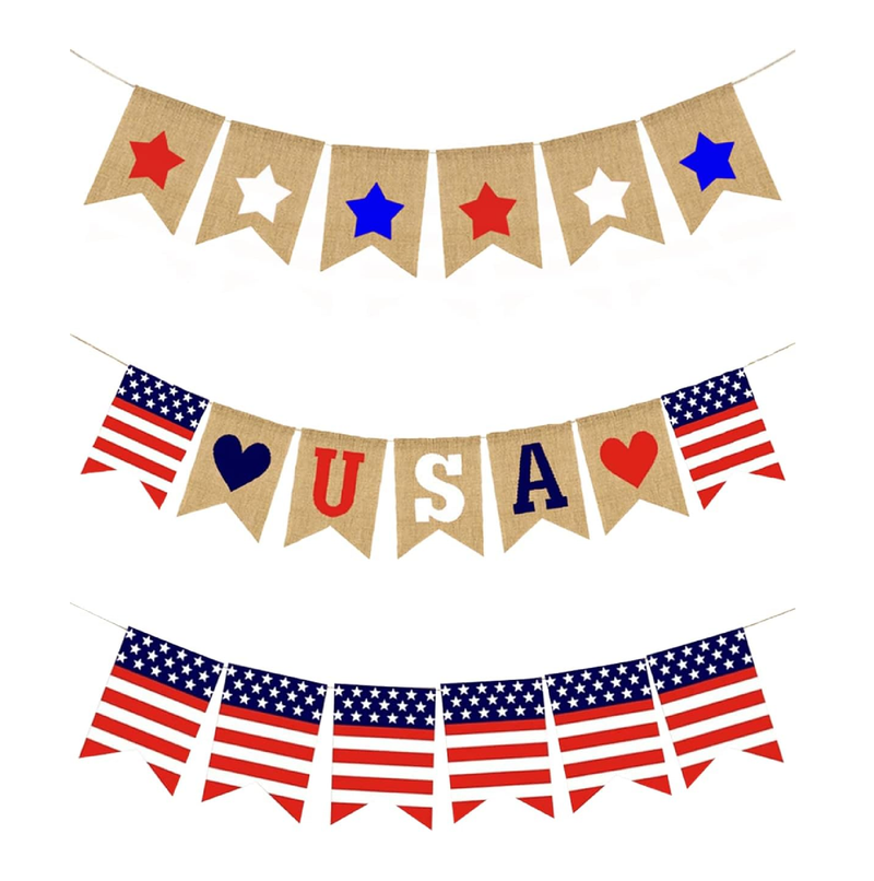 3Pcs Star and Stripes Burlap Banner Independence Day 4th of July Patriotic Decorations