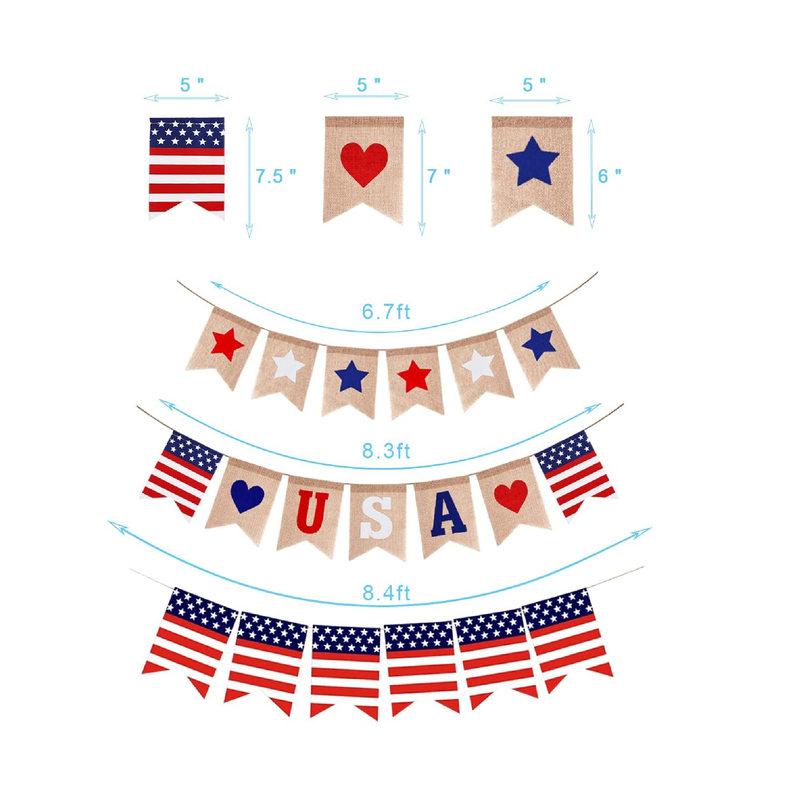 3Pcs Star and Stripes Burlap Banner Independence Day 4th of July Patriotic Decorations