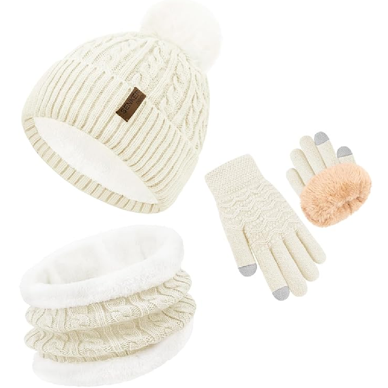 3Pcs Winter Beanie Hat Scarf Gloves Set for Women