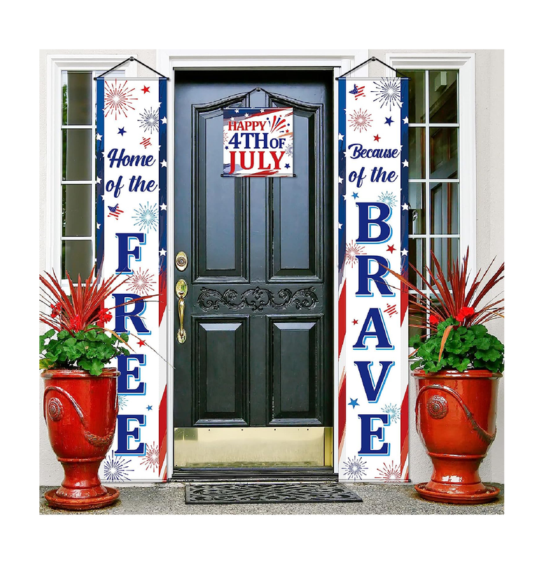 3 Pieces 4th of July Decoration Independence Day Patriotic Banner Flag Home of the Free and Because of the Brave Veterans Day Hanging Sign Set for Home Yard Porch Garden Party Supplies White