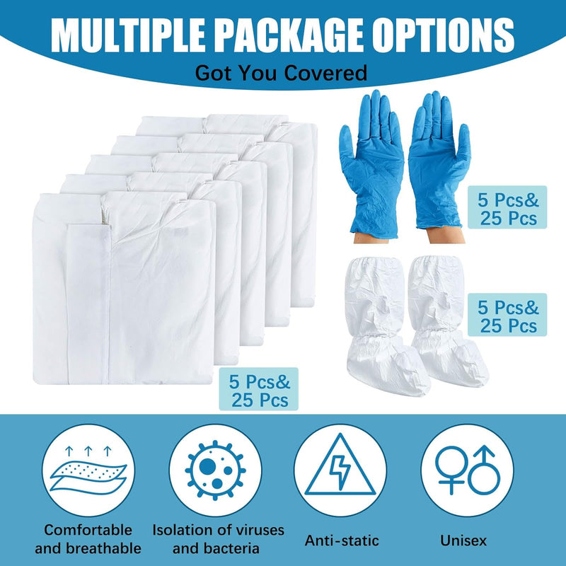 5 Set Hazmat Suit Disposable Protective Coverall Suit with Shoe Cover Nitrile Gloves Breathable Water Proof Paint Coveralls (L)