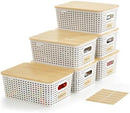 Small Plastic Storage Bins with Bamboo Lids 5.2qt Stackable Box Basket Pantry…
