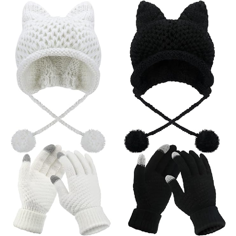 4 Pieces Winter Cat Ear Beanie Knit Hat Touchscreen Gloves Set