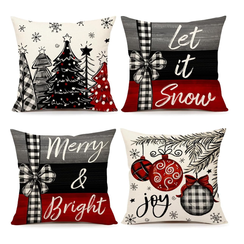 4TH Emotion Christmas Throw Pillow Covers 16 x 16 Inch Set of 4, Xmas Tree Winter Farmhouse Holiday Merry Bright Cushion Case for Home Couch Decoration S23C23-16