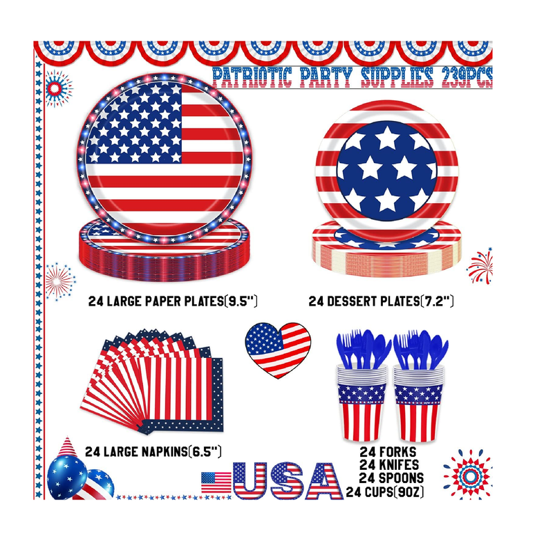 4th Fourth of July Decorations Patriotic Party Supplies Red White Blue Plates and Napkins with Tablecloth