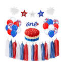 4th of July 1st Birthday Banner One Cake Topper Patriotic Cake Smash Photo Prop Highchair Party Decoration Red White Blue Paper Tassel Balloons