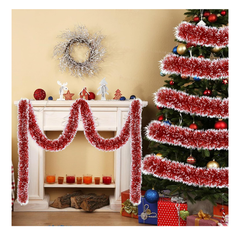 50Ft Christmas Tinsel Garland Snowflake Tip,Red Metallic Twist Garland for Christmas Tree Decorations