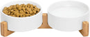 Ceramic Cat and Small Dog Bowl Set – Modern Indoor Small Size Pet Food and Water Bowls with Wood Stand – Non Slip Puppy Sized Feeding Station with Double Dishes (White) — 1