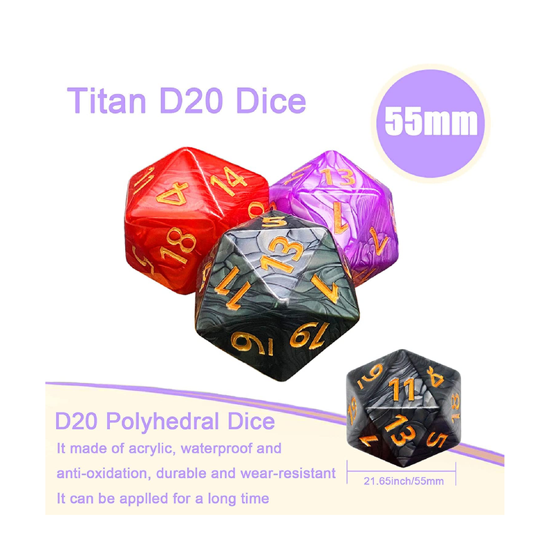 55mm Giant D20 Dice Large DND 20 Sided dice Sets for Dungeons and Dragons RPG MTG Table Games 3 pcs Black Red Purple