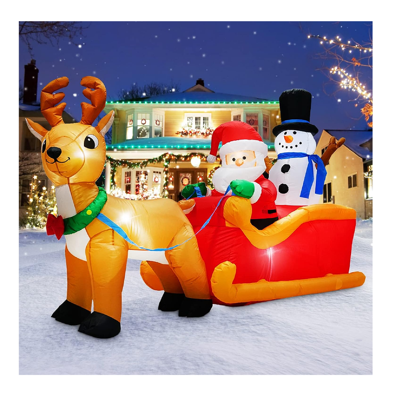 6.6FT Long Christmas Inflatables Santa Claus on Sleigh with Snowman and Reindeer Outdoor Decorations,