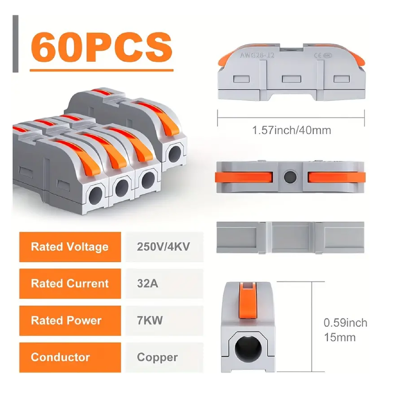 60pcs Lever Wire Connectors, 60-Piece Inline Wire Connectors Kit For Quick Connect, Push In Compact Splicing Electrical Connectors Butt Terminals For Circuit Inline 28-12 AWG 1 In 1out