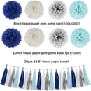 Teal Silver White Navy-Blue Party-Decorations - 30pcs Tissue Paper Flowers Pom Poms Tassel Garland Pennant Banner Flag Streamers Birthday Decorations Boy Men Christmas Baby Shower Winter Hanging Decor | Navy Blue White Silver Teal — 2