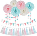 Gender Reveal Decorations Blue Pink - 23pcs Tissue Paper Flowers Pom Poms Banner Tassel Garland Streamers Baby Gender Reveal Theme Decor White Birthday Hanging Decor Ideas Supplies | Blue Pink White — 1