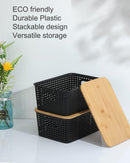 AREYZIN Storage Bins with Bamboo Lids Set of 6 Lidded Storage Container Plastic Baskets Organizer Bins for Organizing Kithen Room Bedroom Office Closet, Sturdy(Black) — 3