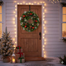 24 Inch Pre-Lit Artificial Christmas Wreath for Front Door, Christmas Door Decorations Wreath with LED Warm Lights, Balls, Pine Needles, and Red Berries Wall Windows Ornament — 7