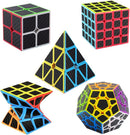 ROXENDA Speed Cube Set - Carbon Fiber Sticker Magic Cube Bundle of 2x2 4x4 Megaminx Pyramid Cube and Twist Cube (5 Pack Carbon Fiber) — 1