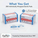 ForPro Alcohol Prep Pads, 200-Count Sterile Alcohol Wipes Individually Wrapped, 70% Isopropyl, Medium 2-Ply Medical Grade Antiseptic Pads, Latex-Free, First Aid & Injection Prep, Gamma Sterilized — 2