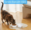 Ceramic Cat and Small Dog Bowl Set – Modern Indoor Small Size Pet Food and Water Bowls with Wood Stand – Non Slip Puppy Sized Feeding Station with Double Dishes (White) — 2