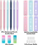 Four Candies Pastel Mechanical Pencil Set with Case, 6-Pack | 0.5mm + 0.7mm + 0.9mm — 6