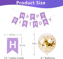 Happy Birthday Banner Sign Bunting Hanging Decorations with 8Pcs Shiny Gold Balloons Birthday Party Sign Decor for Party Supplies | Purple White — 5