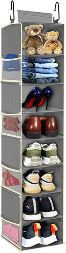 Large-Sized Hanging Shoe Organizer 8-Shelf, Hanging Closet Organizer with 8 Side Pockets, Wider Hanging Shelves for Storage Shoes Clothes 9" W × 11.8" D× 48" H, Grey — 1