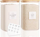 CZZGSM 2 Pack Square Glass Flour and Sugar Containers with 132 Kitchen Pantry Labels - Thicken 149 FL OZ Large Glass Storage Jars with Airtight Bamboo Lid - Big Food Canisters for Rice, Pasta, Cookie — 1