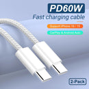 TOP-UP Braided USB C to USB C Cable 3.3FT 2 Pack, 60W PD Cord, White 2