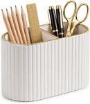 KINGFOM PU Leather Desk Organizer Pen Holder – Dual-Compartment Stylish Pencil Cup Remote Control Holder Desktop Supplies and Accessories Organizer Caddy for Office Home School (Light Beige) — 1