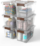 WYT 6-Pack Clear 7 Quart Storage Latch Box/Bins, Plastic Stackable Latching Box with Brown Handle and Lid, Multi-Purpose, 7 Litre — 7