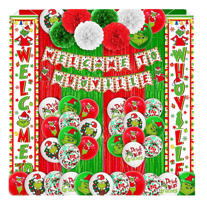 64Pcs Whoville Christmas Decorations Welcome To Whoville Banner Green Door Banner Welcome Porch Sign Hanging Banner Outdoor Christmas Decorations and Christmas Balloons for Christmas Party Supplies