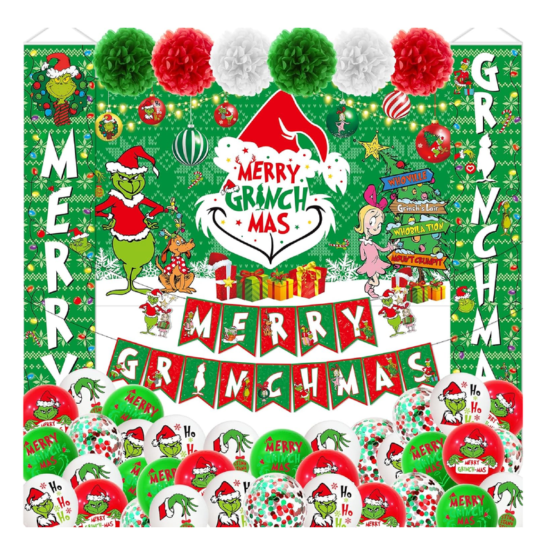 59Pcs Merry Grinchmas Decorations Merry Grinchmas Backdrop Banner Merry Grinchmas Banner Grinchmas Porch Sign Hanging Outdoor Christmas Decorations