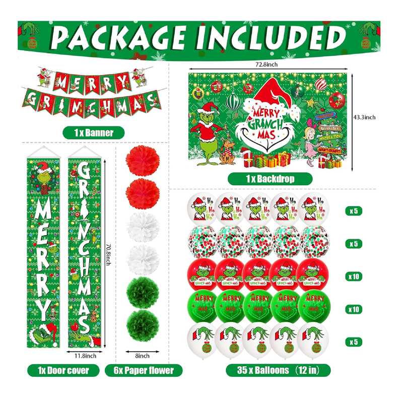 59Pcs Merry Grinchmas Decorations Merry Grinchmas Backdrop Banner Merry Grinchmas Banner Grinchmas Porch Sign Hanging Outdoor Christmas Decorations