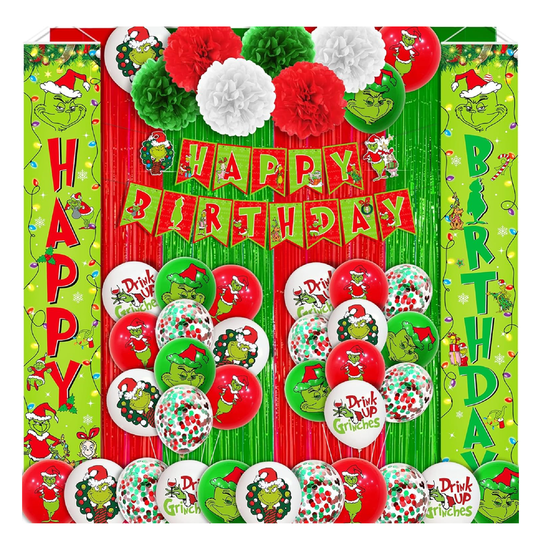 60Pcs Christmas Birthday Decorations Happy Birthday Banner Green Door Banner Birthday Porch Sign Hanging Banner Outdoor Christmas Decorations and Christmas