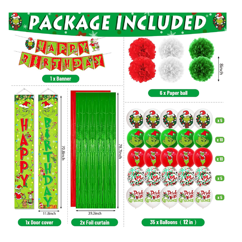 60Pcs Christmas Birthday Decorations Happy Birthday Banner Green Door Banner Birthday Porch Sign Hanging Banner Outdoor Christmas Decorations and Christmas