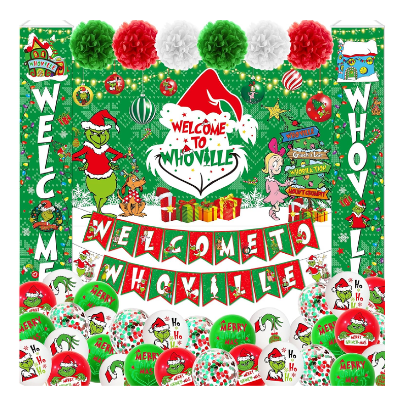 63Pcs Whoville Christmas Decorations Welcome To Whoville Banner Whoville Backdrop Door Banner Welcome Porch Sign Hanging Banner Outdoor Christmas Decorations