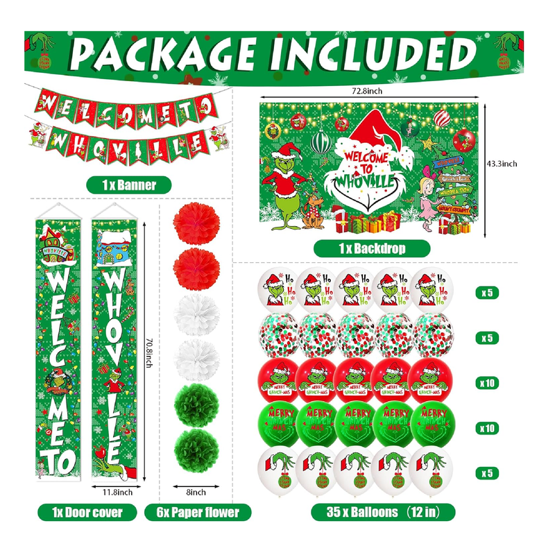 63Pcs Whoville Christmas Decorations Welcome To Whoville Banner Whoville Backdrop Door Banner Welcome Porch Sign Hanging Banner Outdoor Christmas Decorations