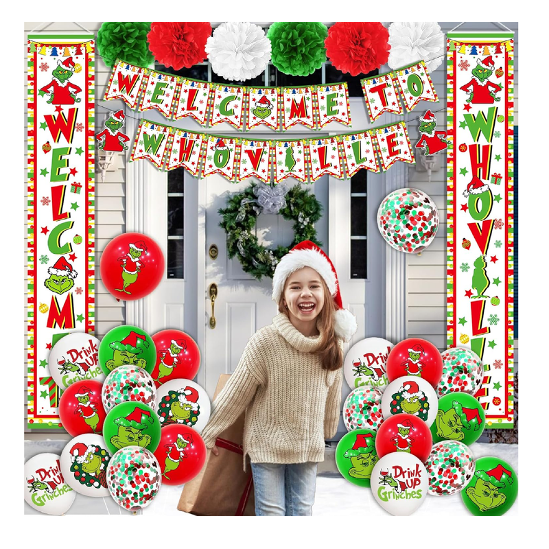 64Pcs Whoville Christmas Decorations Welcome To Whoville Banner Green Door Banner Welcome Porch Sign Hanging Banner Outdoor Christmas Decorations and Christmas Balloons for Christmas Party Supplies