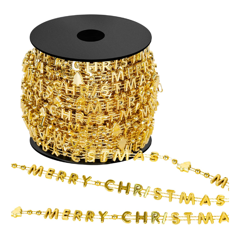 66 Feet Christmas Tree Beads, Merry Christmas Gold Bead Garland for Christmas Tree, Plastic Words Christmas Tree String Garland Beads, Faux Christmas Tree Decor for Xmas Holiday Home Mantle Wreath