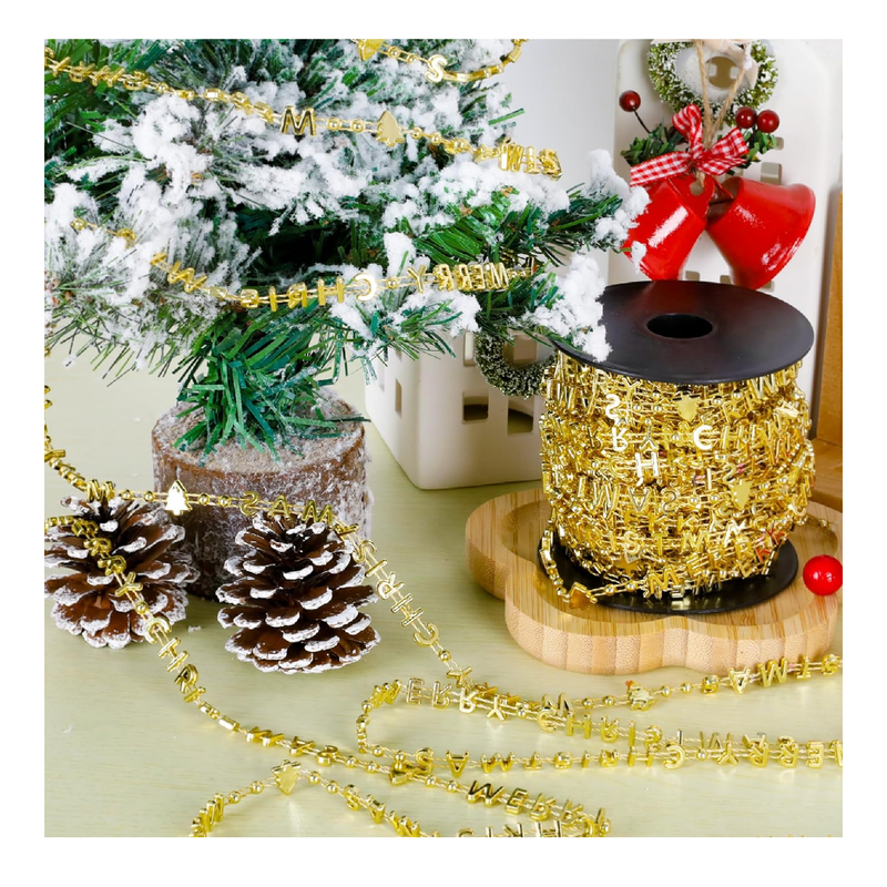 66 Feet Christmas Tree Beads, Merry Christmas Gold Bead Garland for Christmas Tree, Plastic Words Christmas Tree String Garland Beads, Faux Christmas Tree Decor for Xmas Holiday Home Mantle Wreath