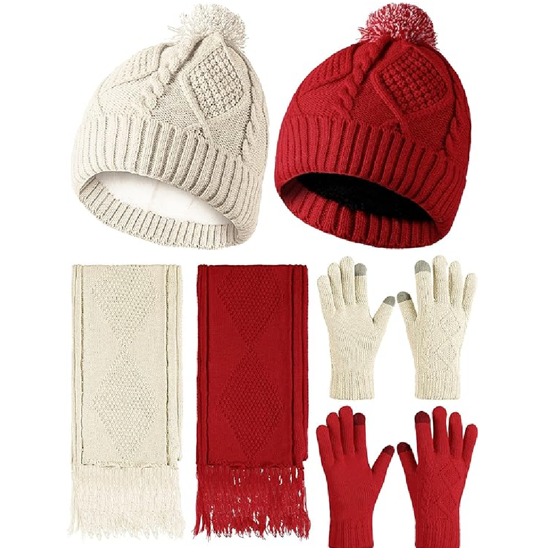 6 Pcs Women Winter Knitted Hat Scarf Gloves Set Thick Warm Beanie Cap