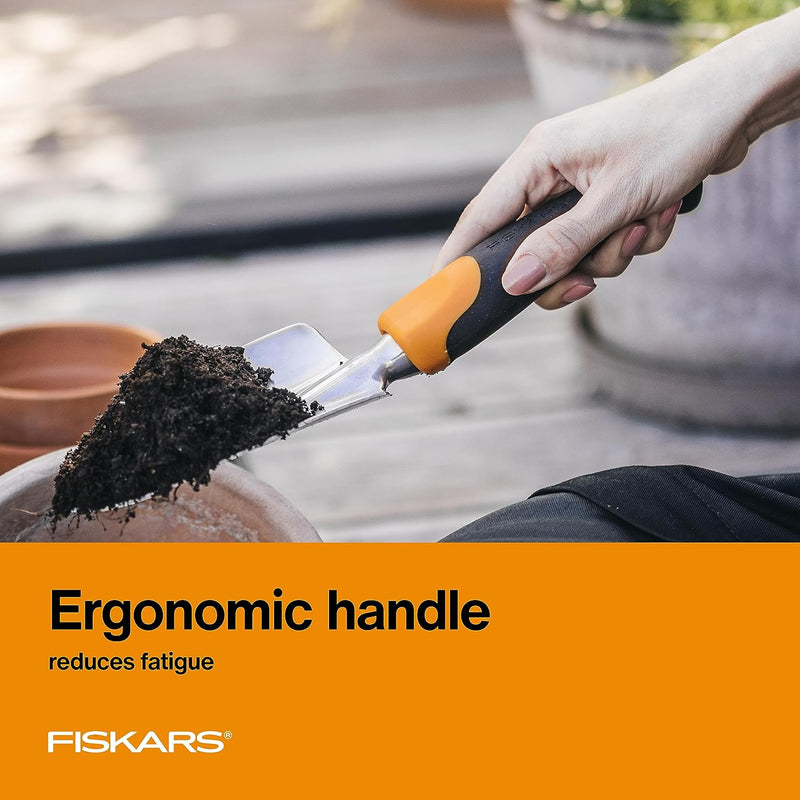 Fiskars Ergo Trowel - Heavy Duty Gardening Hand Tool with Hang Hole - Lawn and Yard Tools - Black/Orange