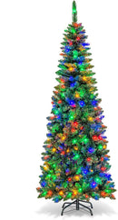 Goplus 6.5FT Prelit Pencil Christmas Tree, Premium Hinged Fir Tree, with 250 LED Lights and Solid Metal Stand, Easy Assemble, Ideal Xmas Decor for Home and Office — 1
