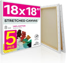 PHOENIX Large Stretched Canvas for Painting 18x18 Inch/5 Value Pack, 8 Oz Triple Primed 5/8 Inch Profile 100% Cotton White Blank Canvas, Square Framed Canvas for Oil Acrylic & Pouring Art | Studio Set (8 Oz.) | 18"x18" — 1