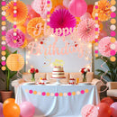 Hot-Pink Orange Birthday Decoration for Women Girl, Fall Peach Burnt-Orange Gold Balloon Décor-Happy Banner, Streamers Lanterns Honeycomb, Tissue Flowers Pom Poms Fan, Boho Sunset Autumn Party Décor — 7