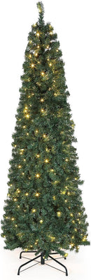 okicoler Christmas Tree, 6ft Pre-Lit Slim Pencil Fir Tree, 775 Branch Tips with 250 Multicolor LED Lights & 11 Lighting Modes, Metal Hinges, White Holiday Decoration for Corner — 1