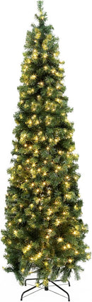 Okicoler Pre-Lit Pencil Artificial Holiday Slim Christmas Tree with Warm Lights and Metal Base Stand for Home, Office, Party Decoration,Green (7.5ft) — 1