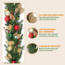 12 FT Pre-Lit Christmas Garland with 100 Warm White LEDs and Timer, Battery Operated Artificial Garland with Christmas Ornaments and Gold Mesh Leaves for Mantel, Stairs and Doorway — 4